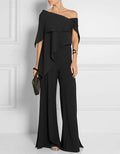 Solid Color Short-sleeved Chiffon Off-the-shoulder Ruffled Jumpsuit