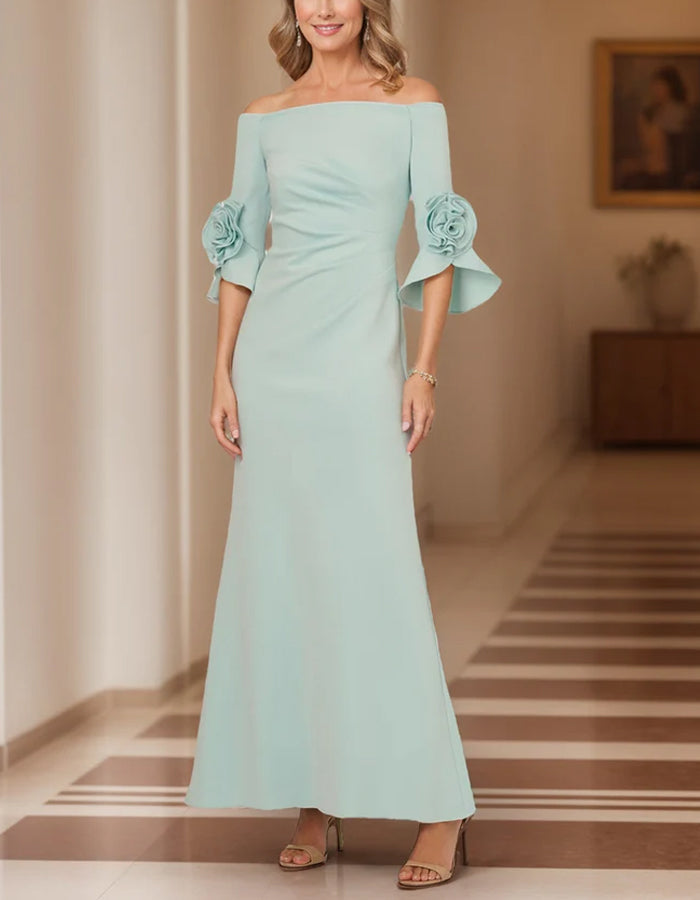 Robe midi sirène vert menthe à épaules dénudées, manches trompette et fleurs 3D