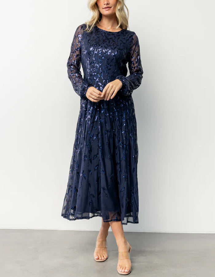 Vestido midi azul oscuro con lentejuelas