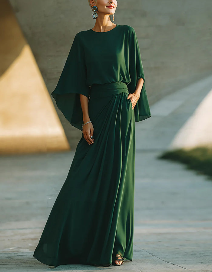 Abito lungo verde scuro in chiffon con scollo rotondo