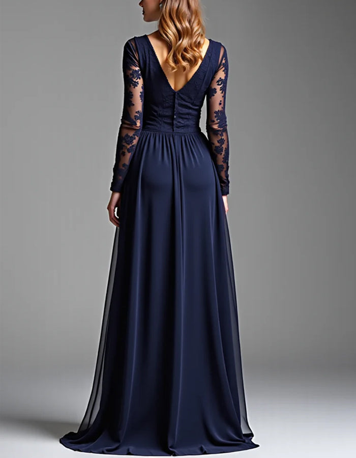 Vestido maxi azul-marinho em chiffon com decote em V e renda
