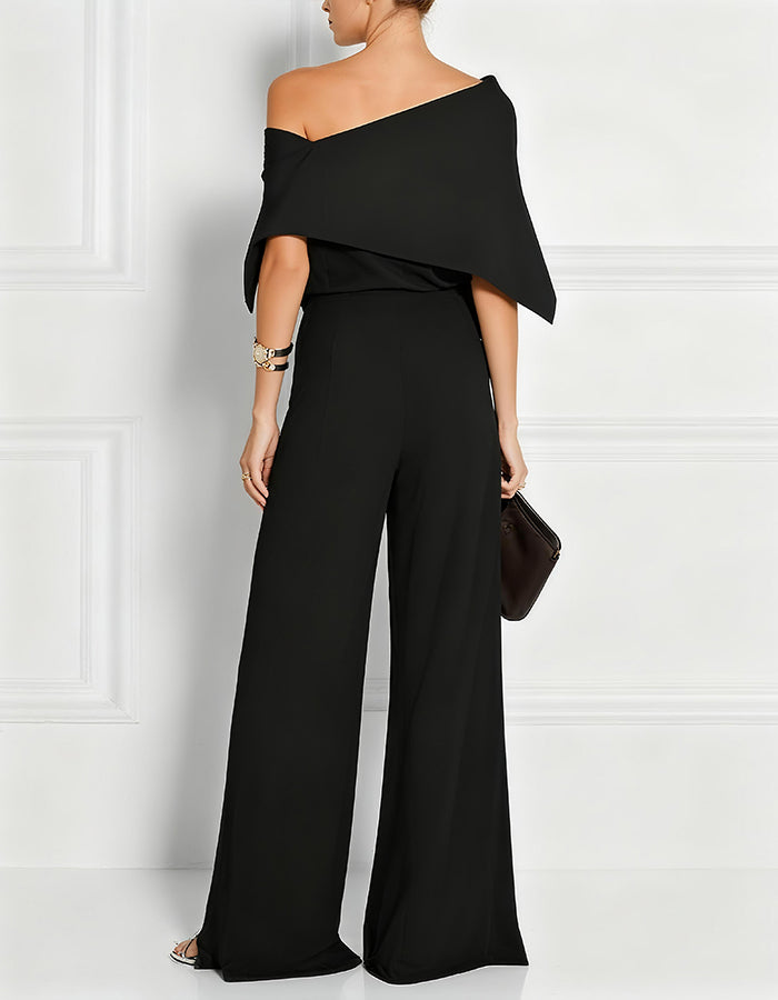 Einfarbiger Chiffon-Jumpsuit mit kurzen Ärmeln, schulterfrei und Rüschen  