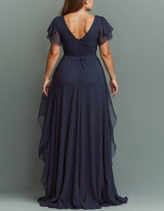 Maxikleid aus Chiffon in Uni mit V-Ausschnitt und Rüschen
