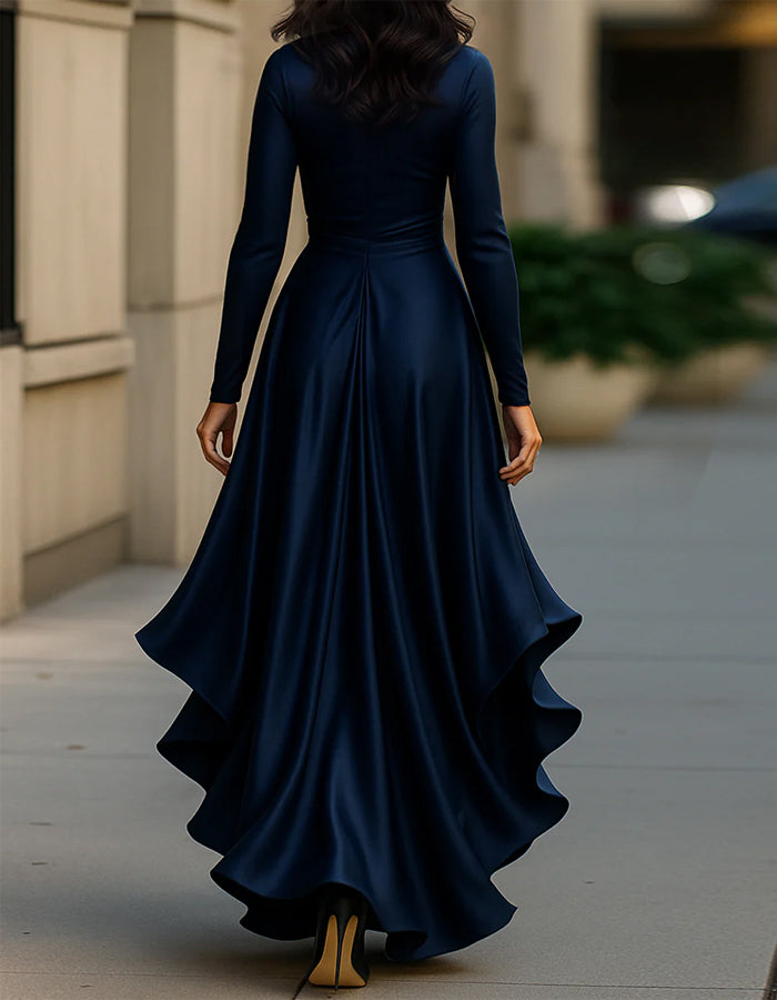 Solid Color Pleated V-neck Satin Long Sleeves Maxi Dress
