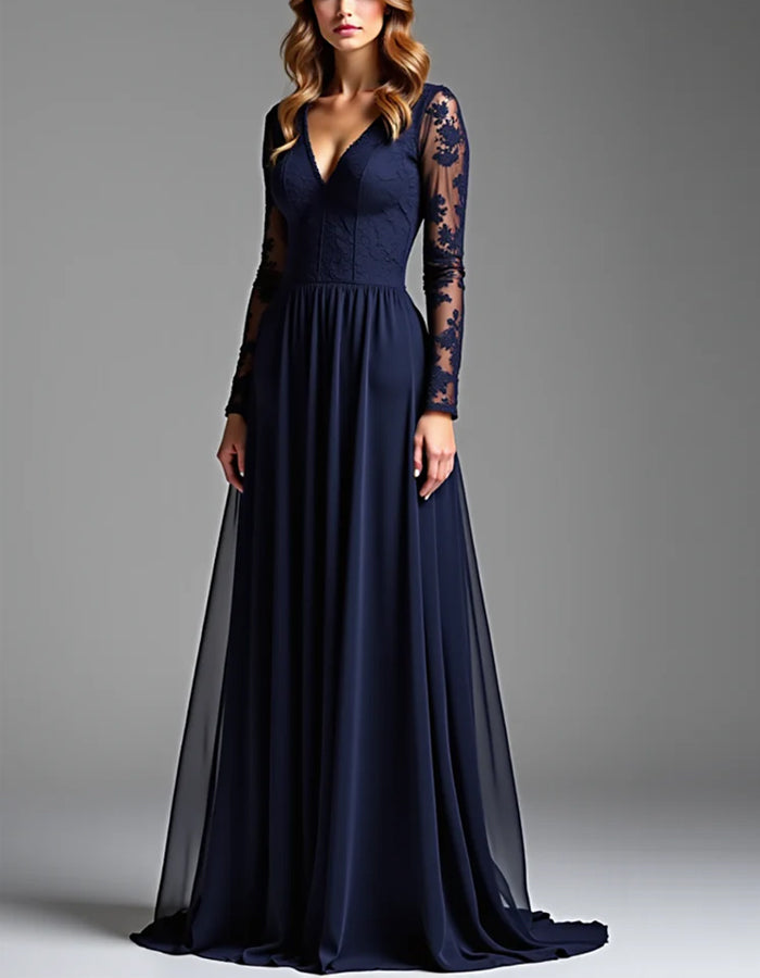 Vestido maxi azul-marinho em chiffon com decote em V e renda