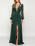 Green A-line V-neck Slit Maxi Dress