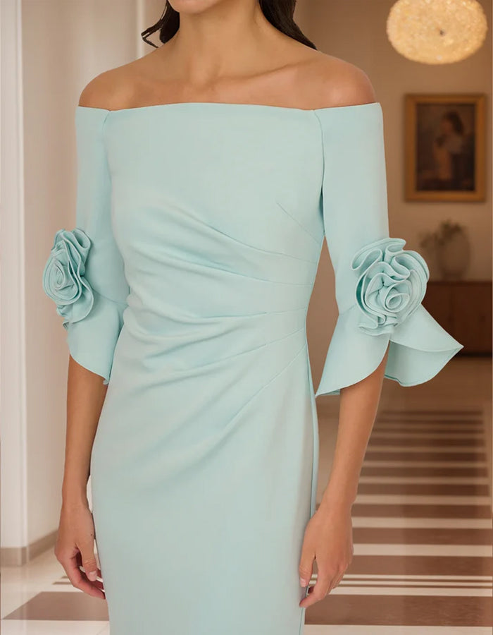 Vestido midi verde menta sirena con hombros descubiertos, mangas trompeta y flores 3D
