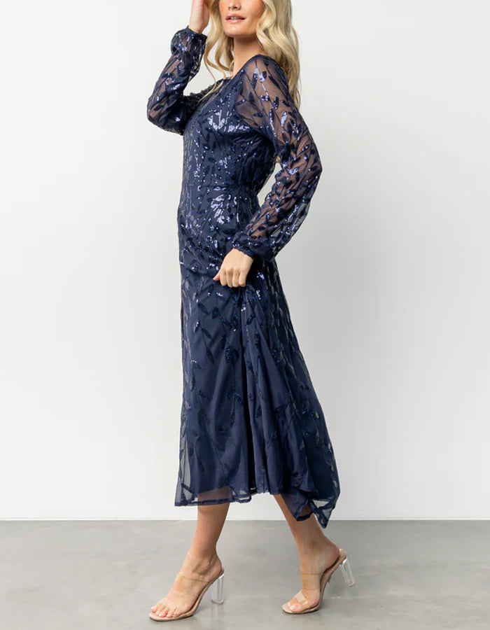 Robe midi bleu foncé à paillettes avec col rond