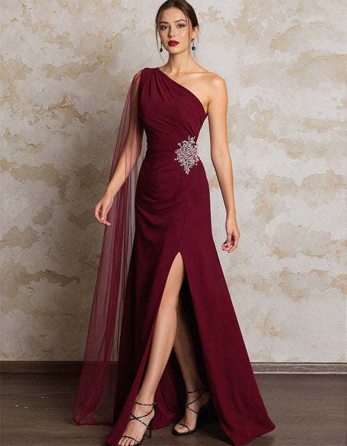 Burgundy One-shoulder Slit Maxi Dress