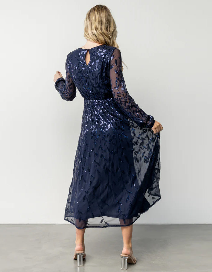 Robe midi bleu foncé à paillettes avec col rond