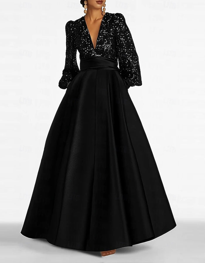 Vestido Maxi em Linha A com Decote em V, Mangas Longas e Lantejoulas