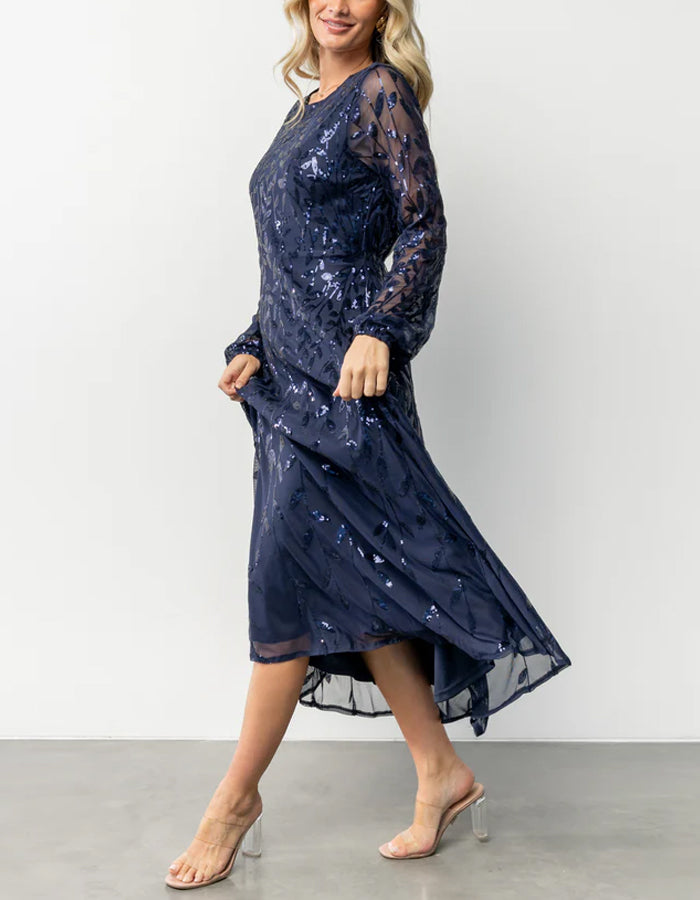Robe midi bleu foncé à paillettes avec col rond