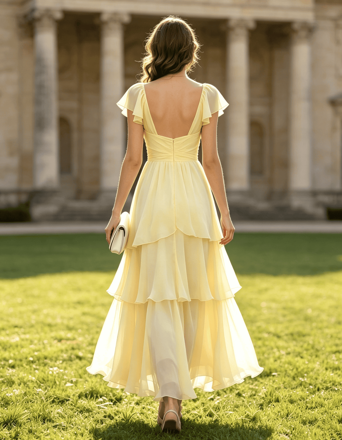 Abito midi formale in chiffon a balze con scollo quadrato e maniche svolazzanti
