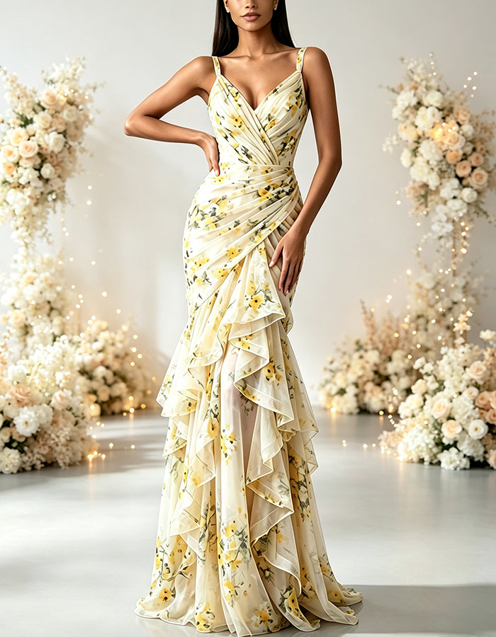 Yellow Floral V-Neck Chiffon Tiered Mermaid Maxi Dress