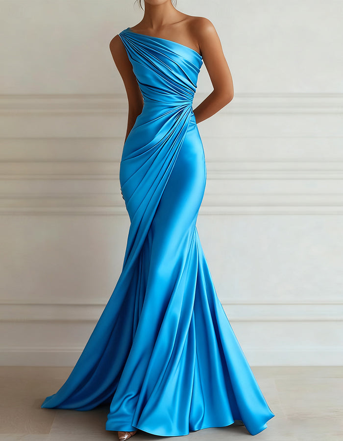 Vestido maxi de satén elástico plisado con un solo hombro