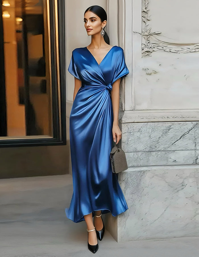 sapphire blue cocktail dresses Sophisticated Satin Dress with Knot Detail and Flutter S – Elirelle Color:Silver gray fashion sleeveless backless knot Floral Print:Yes Party dress