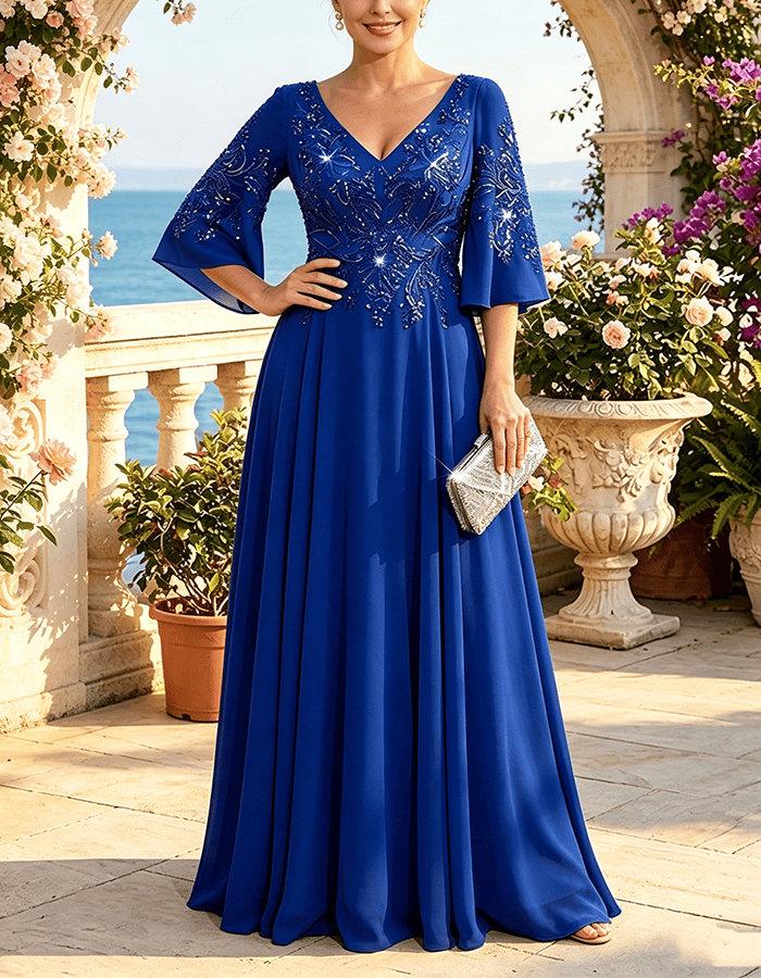 Vestido Maxi de Chiffon Verde-Sálvia com Lantejoulas Embutidas