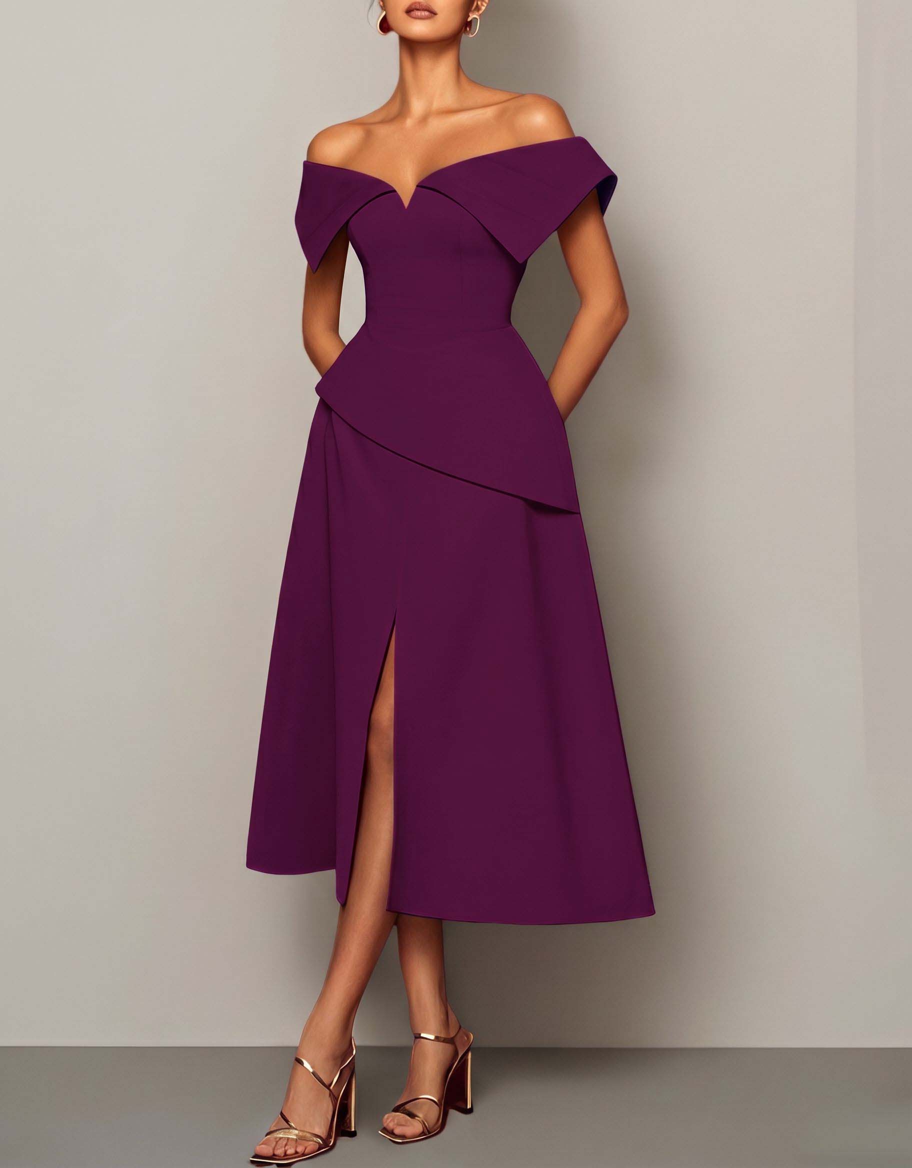 Chiffon Off-Shoulder Fitted Waist Slit Midi Dress