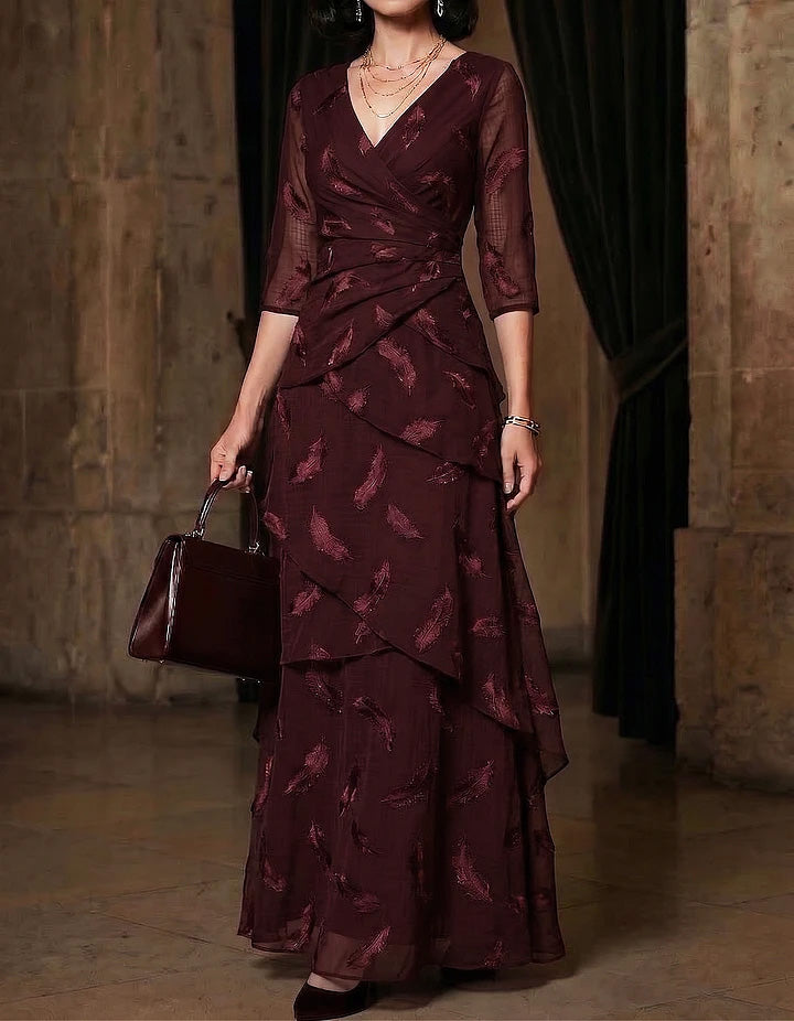 Chiffon Maxikleid in Burgunderrot mit Federstickerei