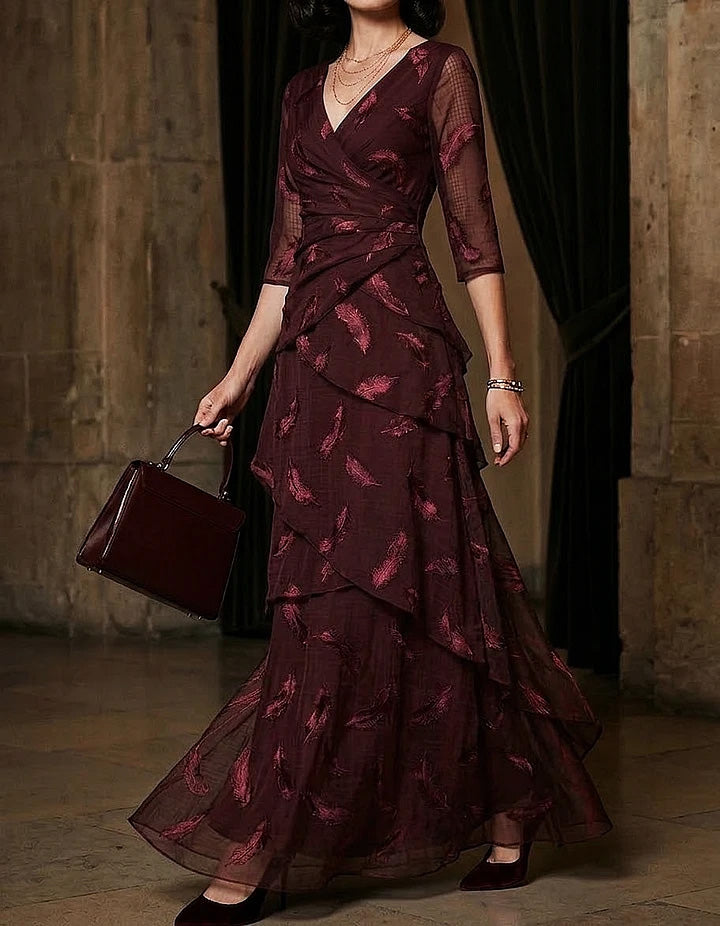 Chiffon Maxikleid in Burgunderrot mit Federstickerei