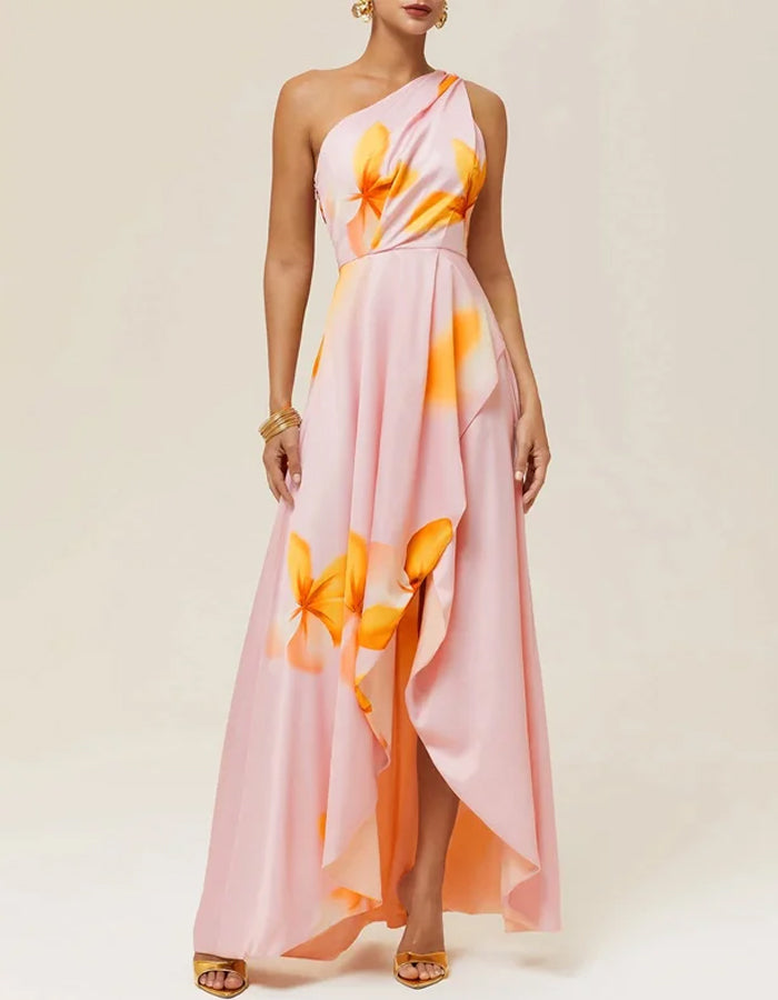 Elegantes Satin-Ein-Schulter-Kleid mit Blumenmuster und hohem Schlitz