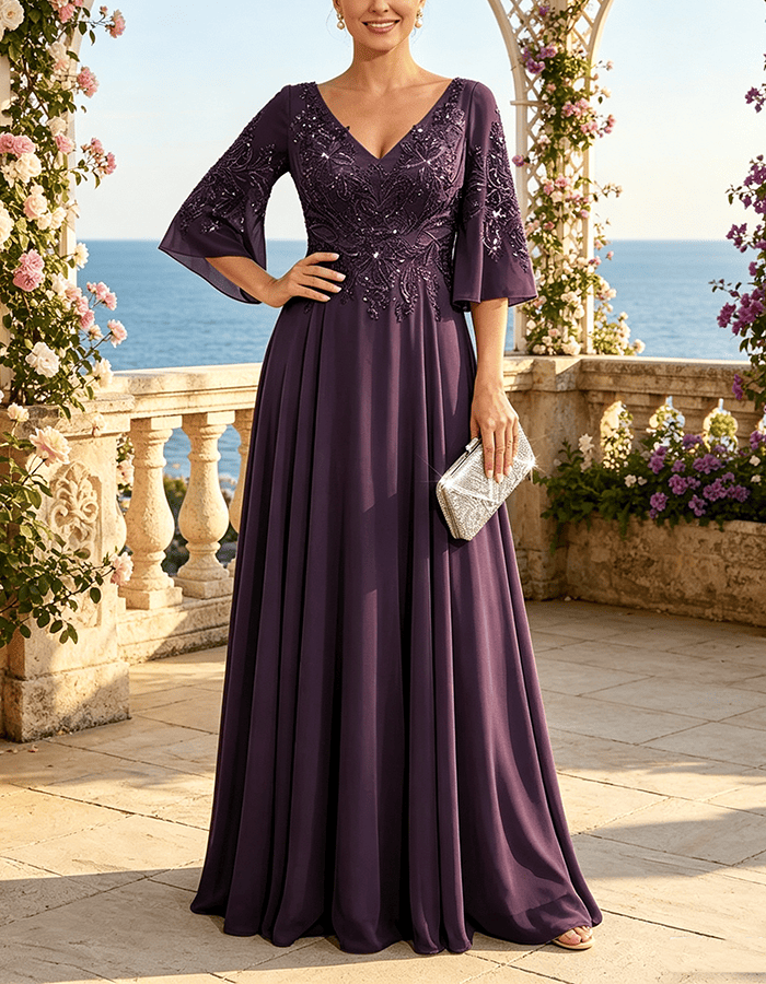 Vestido Maxi de Chiffon Verde-Sálvia com Lantejoulas Embutidas