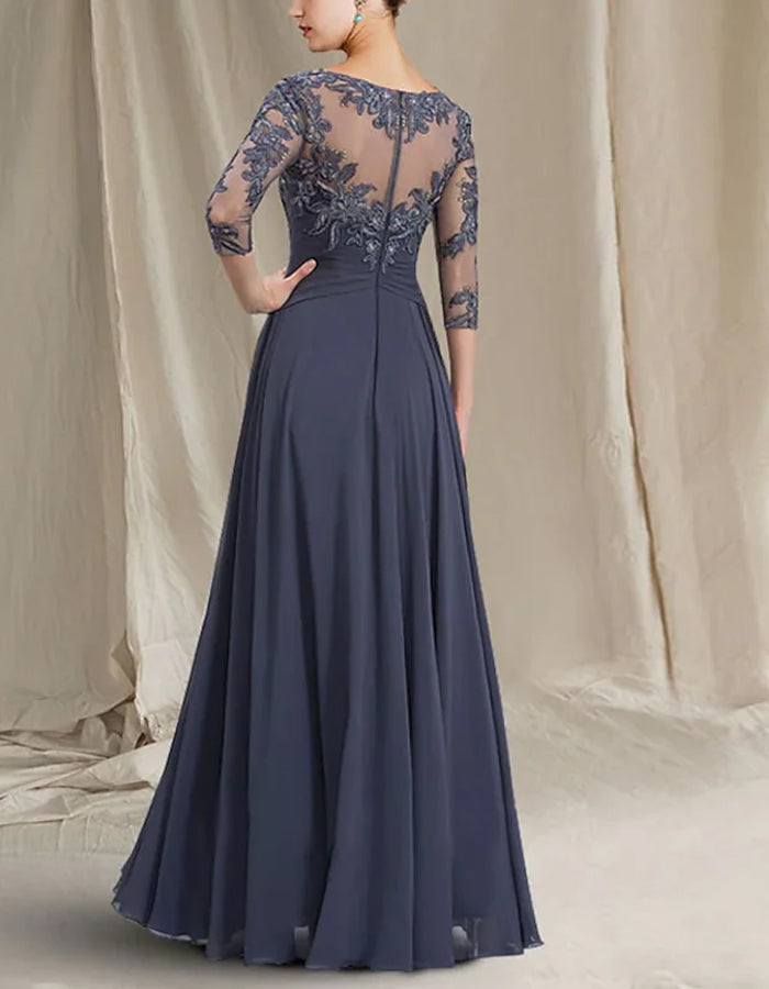 Robe maxi en chiffon uni à manches trois-quarts en dentelle et col rond  