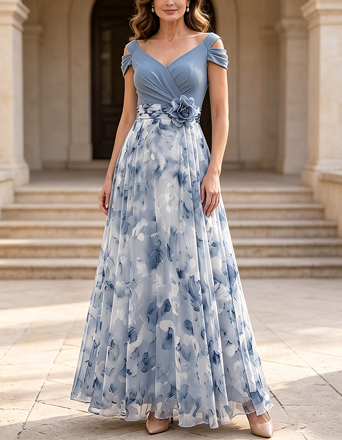 Vestido Maxi A-Line de Chiffon com Estampa Floral em Aquarela Verde-Sálvia e Decote em V