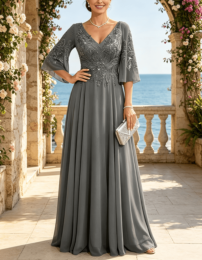 Vestido Maxi de Chiffon Verde-Sálvia com Lantejoulas Embutidas