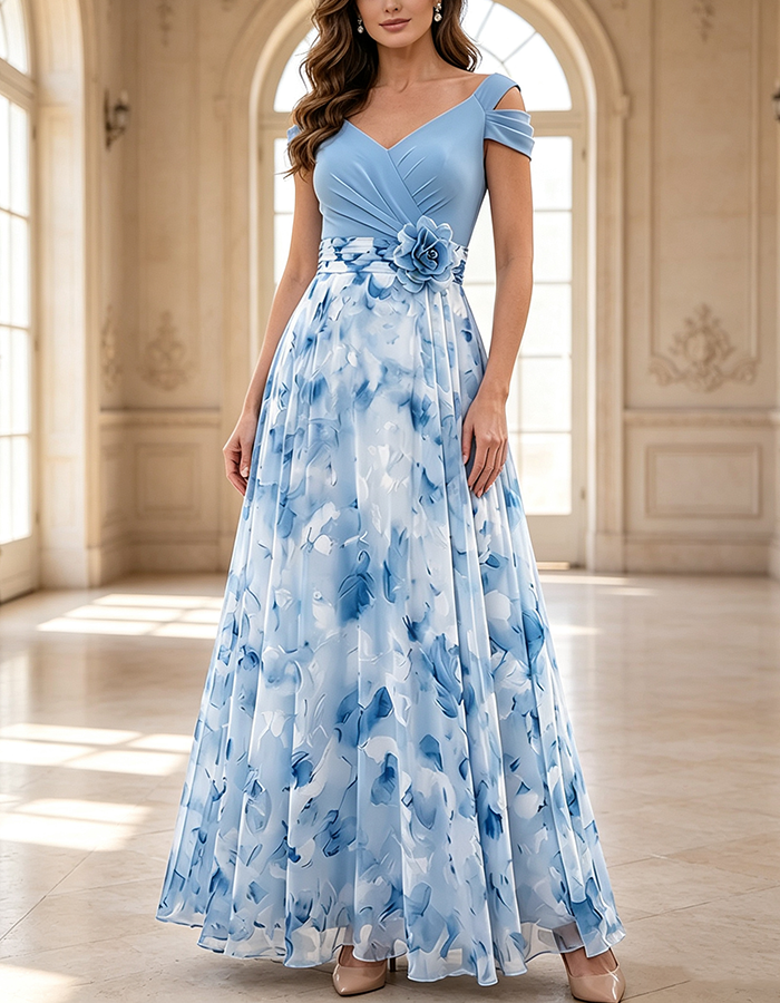 Vestido Maxi A-Line de Chiffon com Estampa Floral em Aquarela Verde-Sálvia e Decote em V