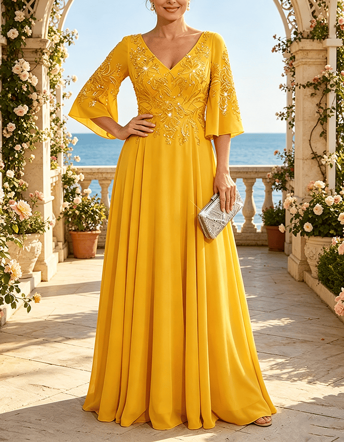 Vestido Maxi de Chiffon Verde-Sálvia com Lantejoulas Embutidas