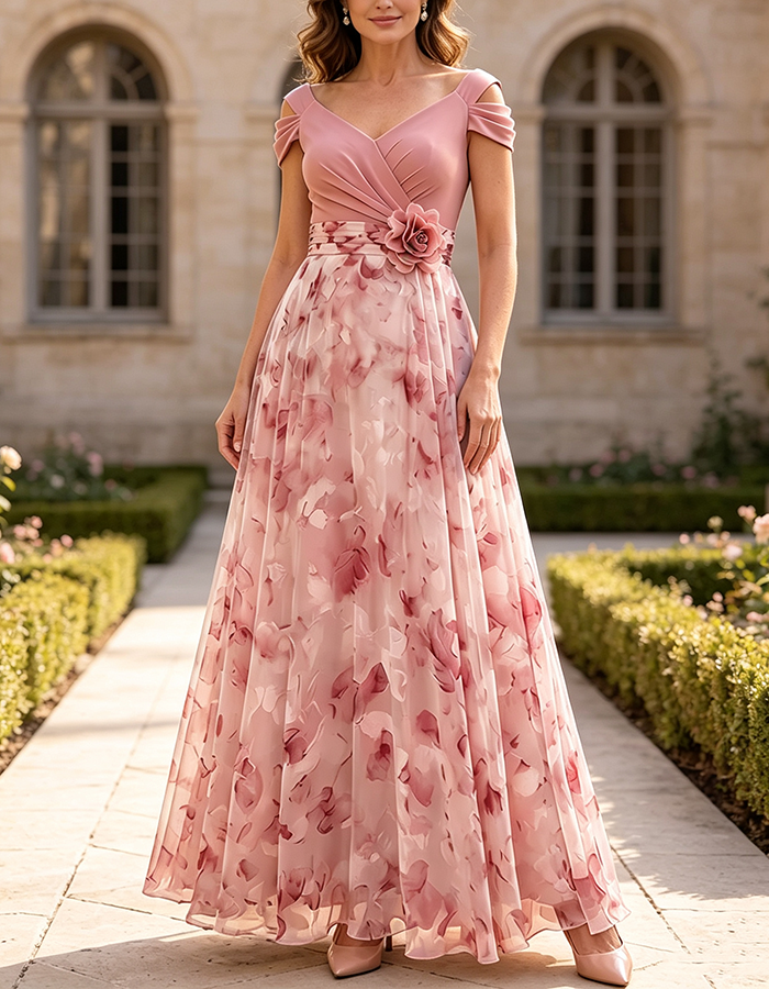 Vestido Maxi A-Line de Chiffon com Estampa Floral em Aquarela Verde-Sálvia e Decote em V