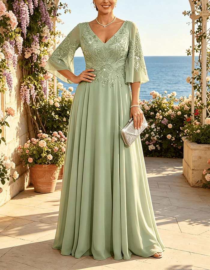 Vestido Maxi de Chiffon Verde-Sálvia com Lantejoulas Embutidas