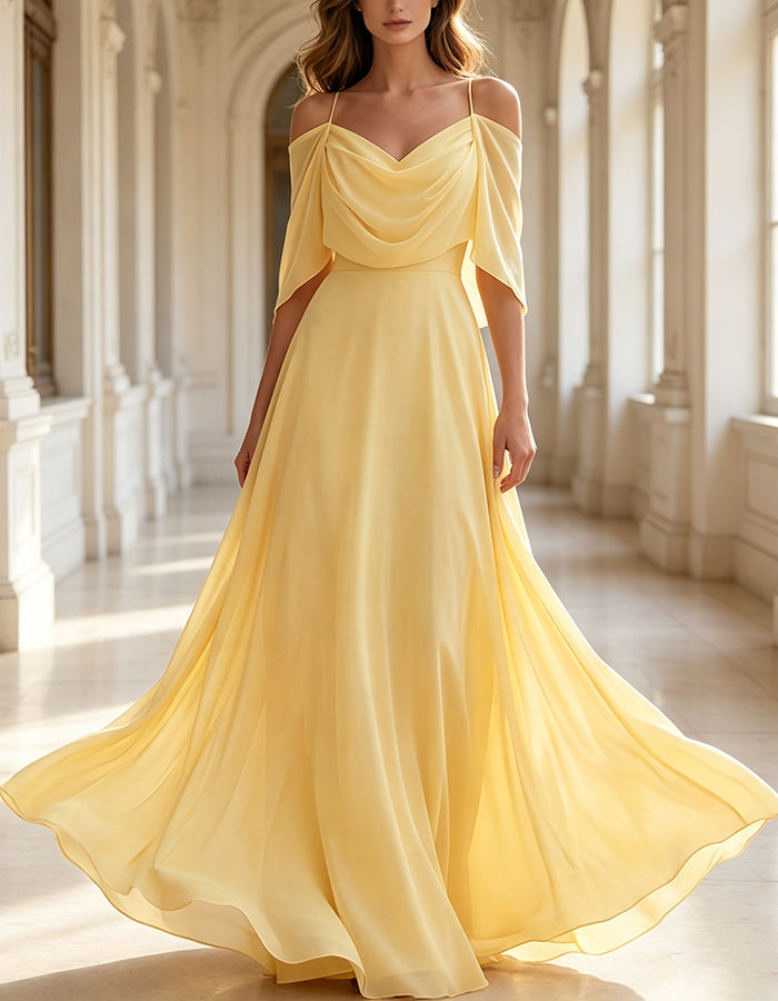 Vestido Maxi de Chiffon Rosa Blush com Decote Cowl Ombro a Ombro