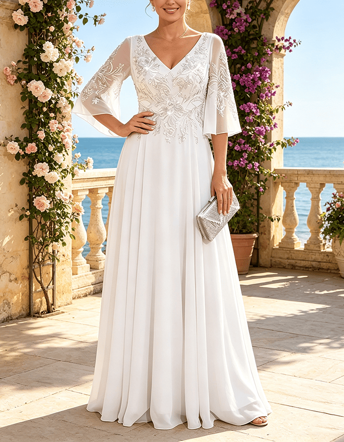 Vestido Maxi de Chiffon Verde-Sálvia com Lantejoulas Embutidas