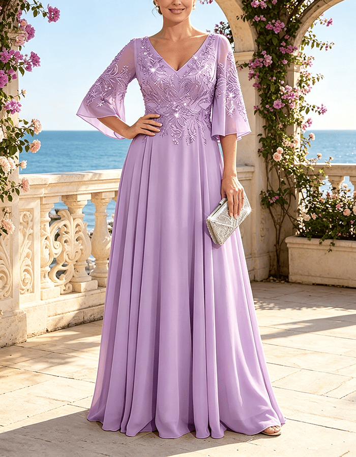 Vestido Maxi de Chiffon Verde-Sálvia com Lantejoulas Embutidas