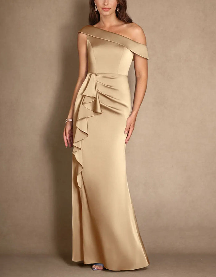 Vestido Maxi A-line Plissado de Cetim Elástico Cor Champanhe