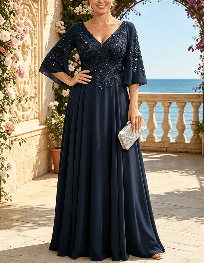 Vestido Maxi de Chiffon Verde-Sálvia com Lantejoulas Embutidas