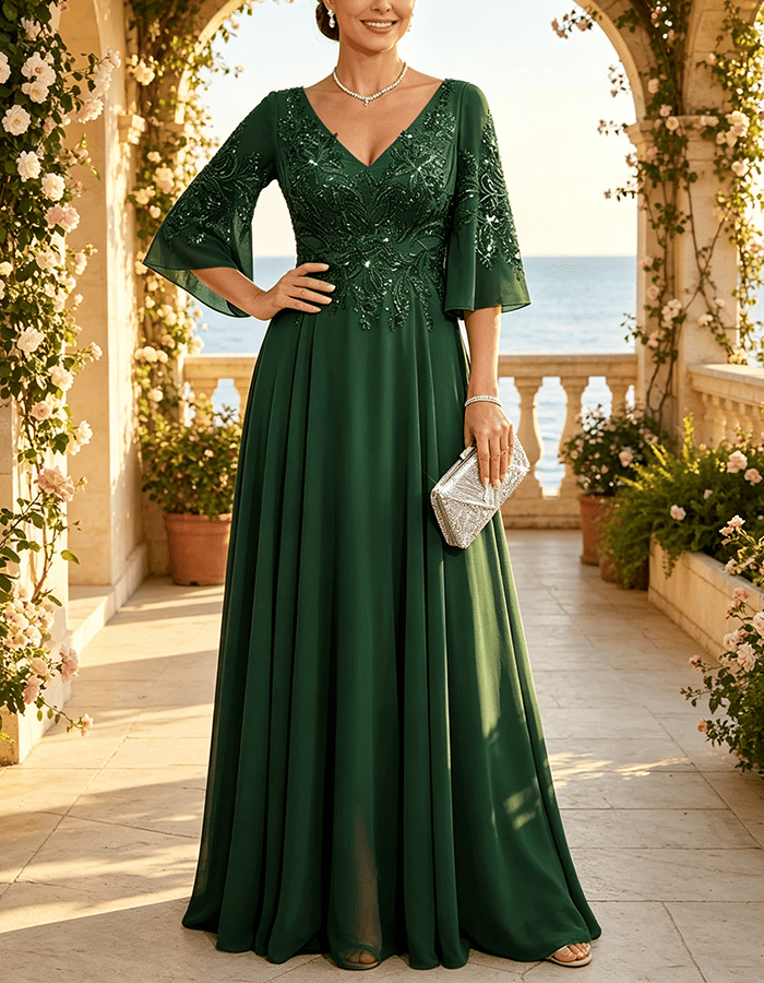 Vestido Maxi de Chiffon Verde-Sálvia com Lantejoulas Embutidas