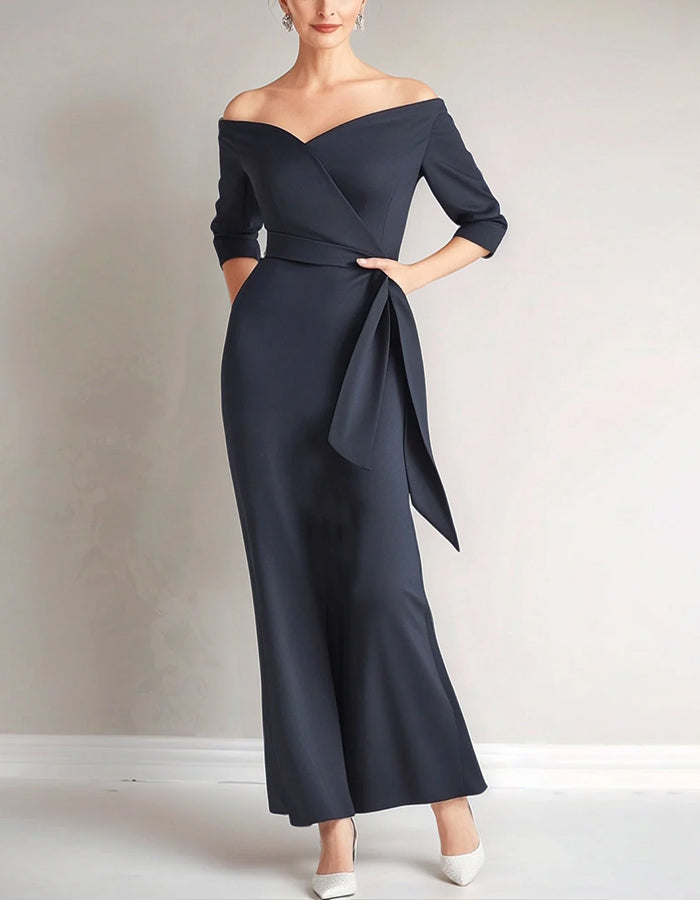 Navy Off The Shoulder Mermaid Mother Of The Bride Midi Dress