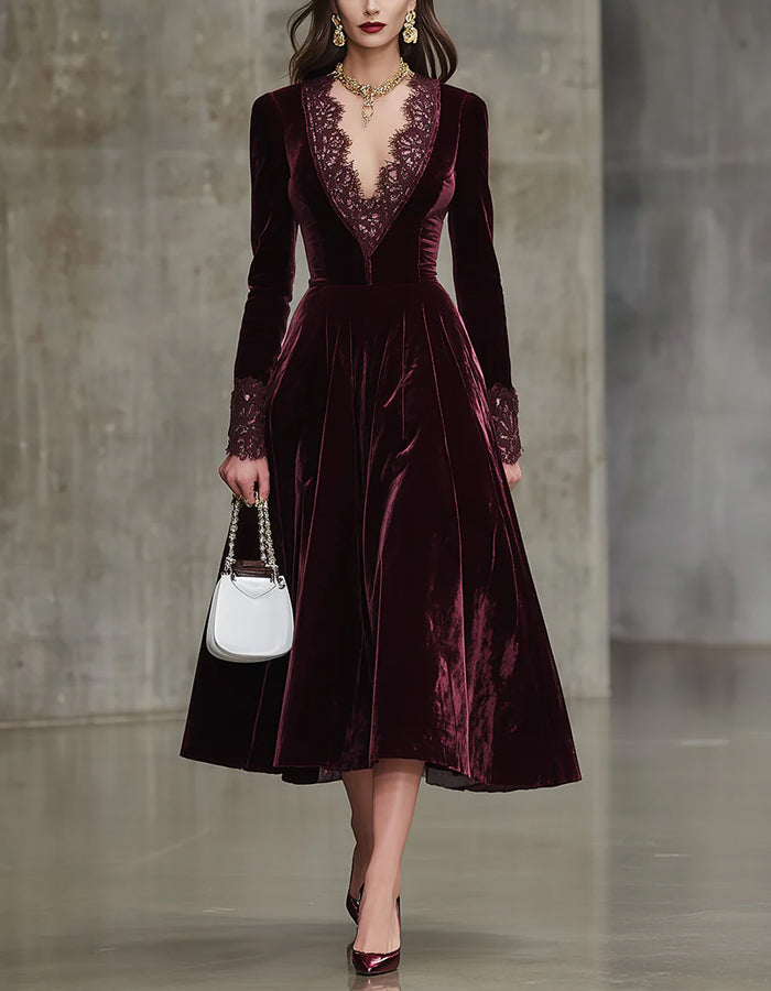 Vestido Midi de Encaje de Terciopelo Rojo Borgoña