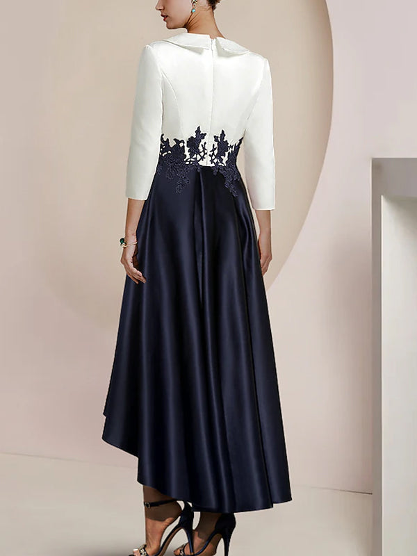 Vestido midi em cetim com decote em V e painéis de renda