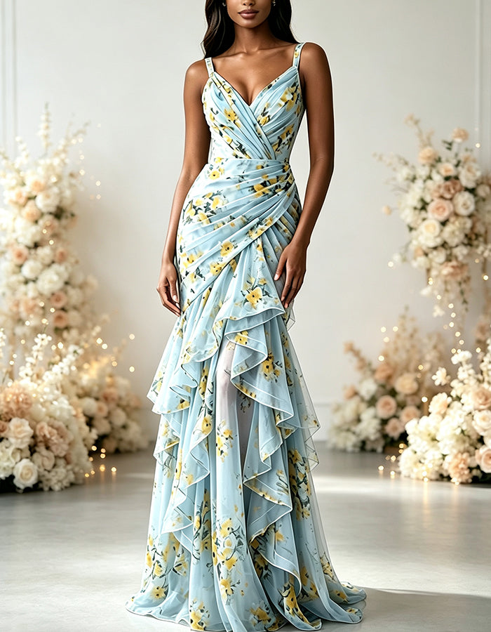 Yellow Floral V-Neck Chiffon Tiered Mermaid Maxi Dress