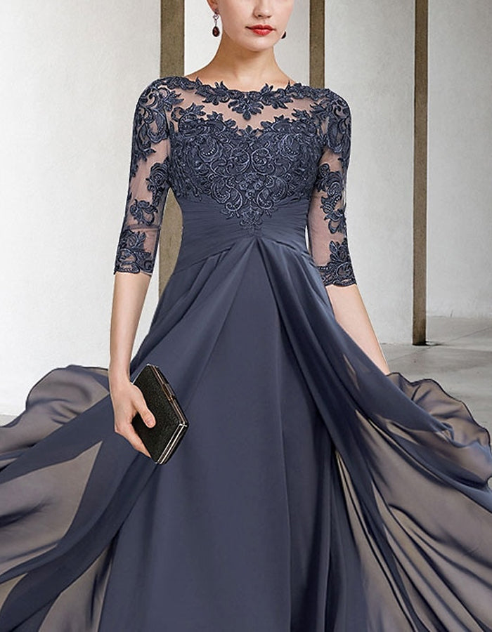 Robe midi évasée asymétrique en mousseline et dentelle à manches mi-longues  