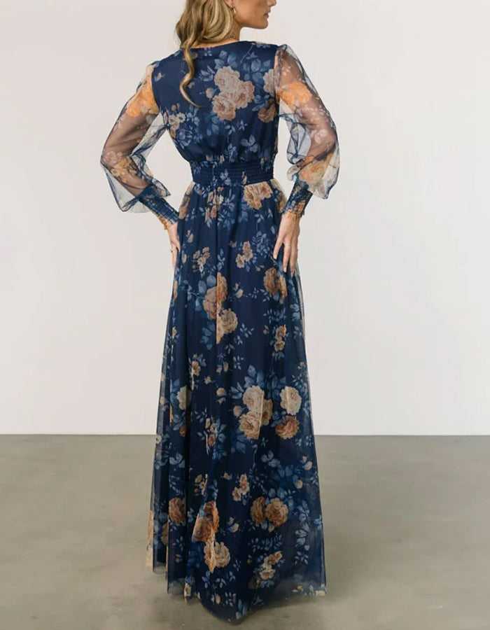 Abito elegante in chiffon blu navy con maniche trasparenti e stampa floreale vintage