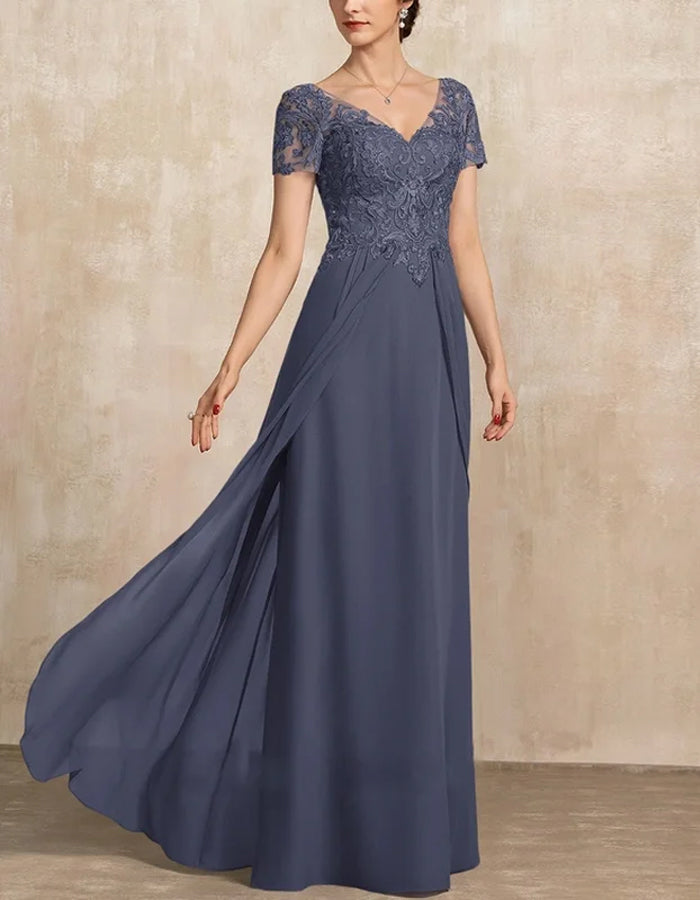 Vestido de noite azul-marinho com bordado em renda e decote em V