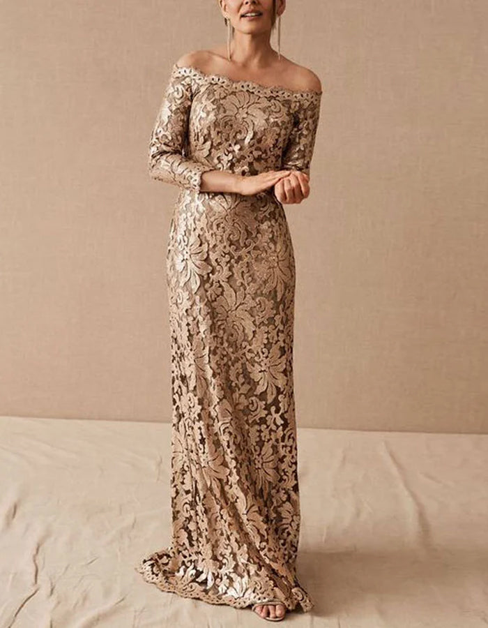 Rochie maxi cu paiete, culoare solidă, cu umerii goi