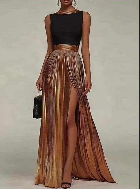 Rochie impresionantă neagră și bronz metalic cu fustă plisată din satin
