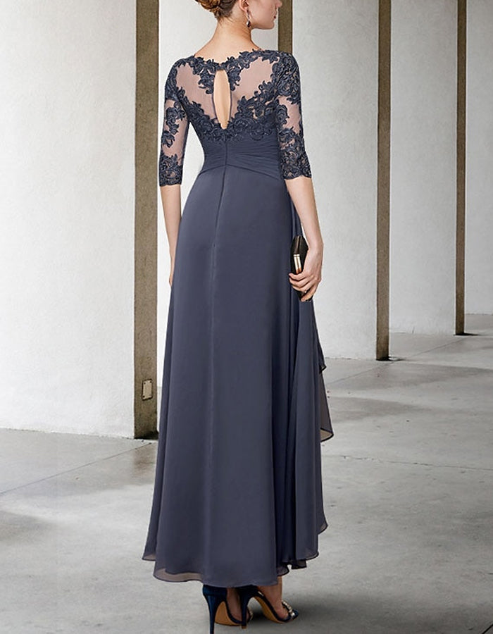 Rochie midi A-line asimetrică din chiffon și dantelă cu mâneci trei sferturi