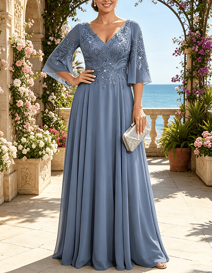Vestido Maxi de Chiffon Verde-Sálvia com Lantejoulas Embutidas